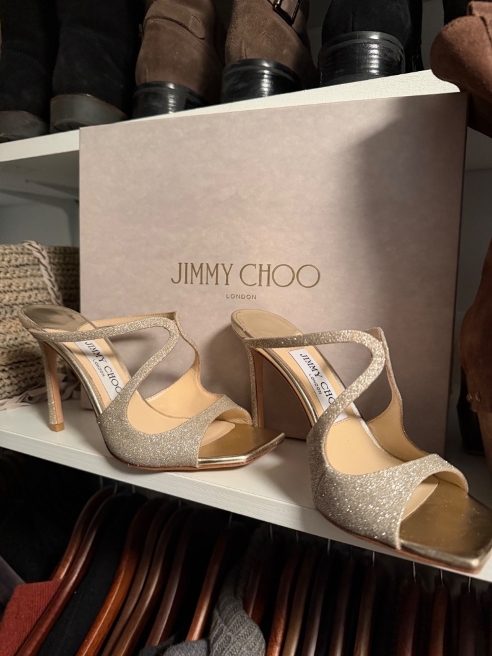 Jimmy Choo Platinum Ice Dusty Glitter Mules Color Platinum Ice Anise 95 $850 - Picture 5 of 6